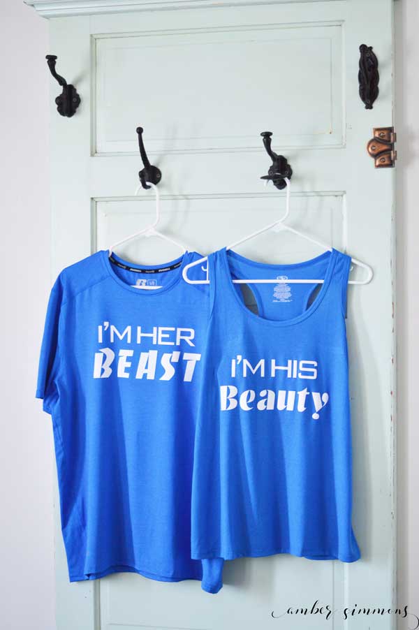 Simple DIY tutorial to make his and hers Disney inspired Couples Beauty and the Beast Workout Shirts with Cricut SportsFlex Iron-on. #cricut #cricutiron #swolemates