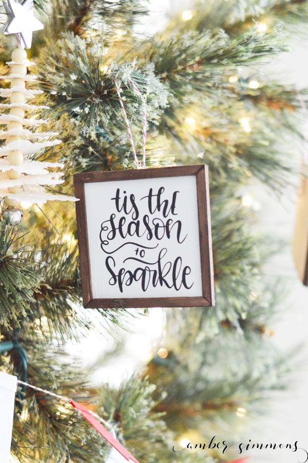 This DIY tutorial for how to make mini farmhouse sign Christmas ornaments with the Cricut Maker will add a rustic feel to your Christmas tree. #ad #cricutmade #cricutmaker
