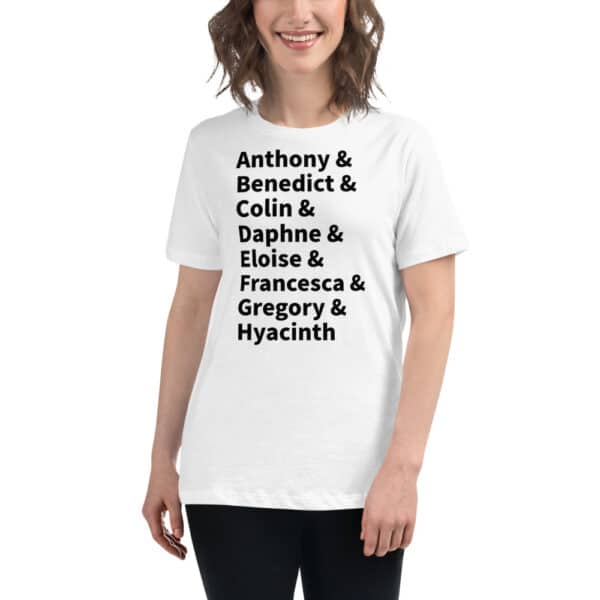This shirt lists all of the Bridgerton siblings in order in a modern graphic tee style.